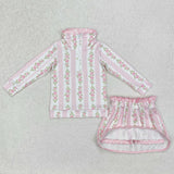 GLD1002 Spring Flower Pink Girls Skirt Shorts Set