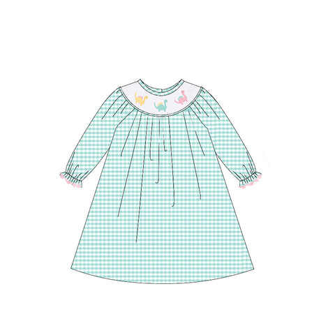 Preorder 04.04 Dinosaur Green Plaid Smocked Girl's Dress