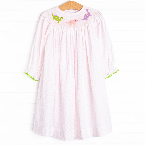 Preorder 04.04 Dinosaur Pink Dots Smocked Girl's Dress