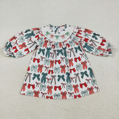 GLD1028 Christmas Coquette Bows Smocked Girl's Dress
