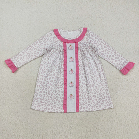 GLD1054 Embroidery Pumpkin Bows Leopard Girl's Dress