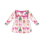 Preorder 06.06 GLD1055 Christmas Gingerbread Bows Santa Girl's Dress