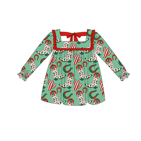 Preorder 06.06 GLD1056 Christmas Western Bows Cactus Girl's Dress