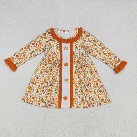 GLD1058 Embroidery Autumn Pumpkin Bows Orange Girl's Dress