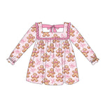 Preorder 06.07 GLD1060 Christmas Gingerbread Bows Pink Girl's Dress