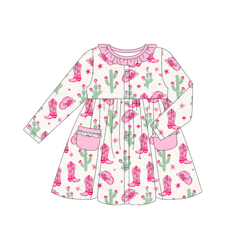 Preorder 06.10 GLD1063 Western Cowgirls Cactus Boots Girl's Dress