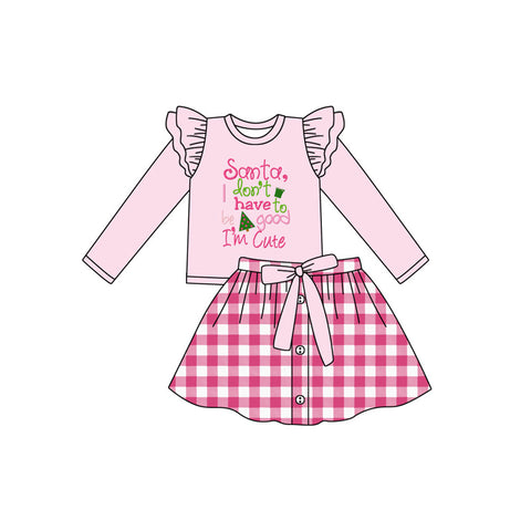 Preorder 06.10 GLD1068 Christmas Santa Cute Pink Plaid Girls Skirt Set