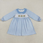 GLD1070 Embroidery Thanksgiving Turkey Blue Plaid Girl's Dress