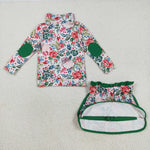 GLD1075 Christmas Flower Green Pullover Girls Skorts Set
