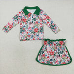 GLD1075 Christmas Flower Green Pullover Girls Skorts Set