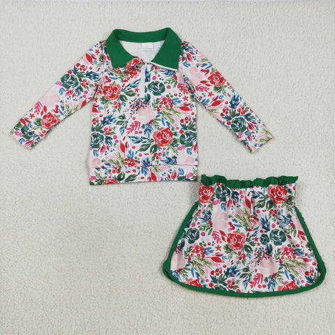 GLD1075 Christmas Flower Green Pullover Girls Skorts Set