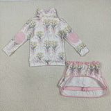 GLD1078 Flower Bouquet Pink Pullover Girls Skorts Set