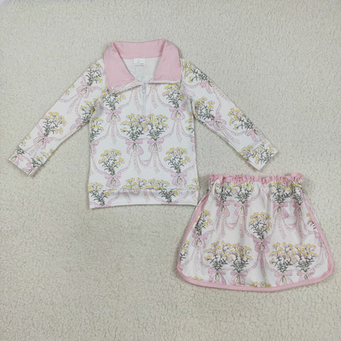 GLD1078 Flower Bouquet Pink Pullover Girls Skorts Set