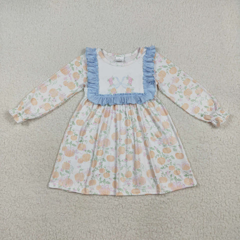 GLD1084 Pumpkin Flower Bows Sky Blue Girl's Dress