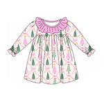 Preorder Samples GLD1093 Christmas Trees Bows Pink Girl's Dress