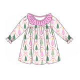 Preorder Samples GLD1093 Christmas Trees Bows Pink Girl's Dress