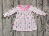 Preorder Samples GLD1093 Christmas Trees Bows Pink Girl's Dress