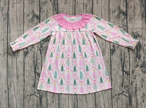 Preorder Samples GLD1093 Christmas Trees Bows Pink Girl's Dress