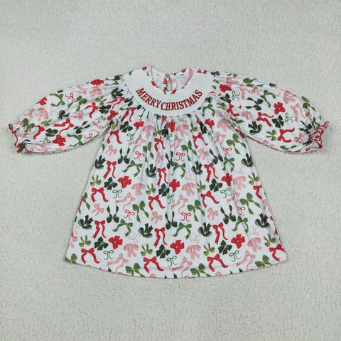 GLD1094 Merry Christmas Coquette Bows Smocked Girl's Dress