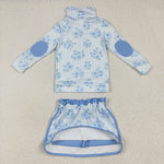 GLD1097 Flower Blue Pullover Girls Skorts Set