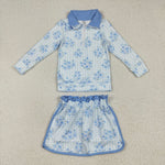GLD1097 Flower Blue Pullover Girls Skorts Set