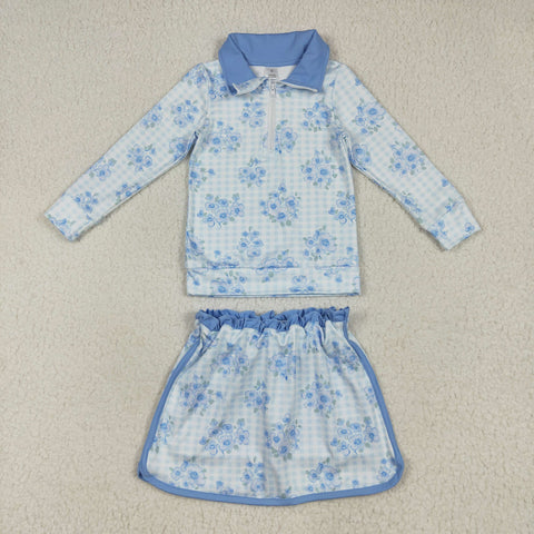 GLD1097 Flower Blue Pullover Girls Skorts Set