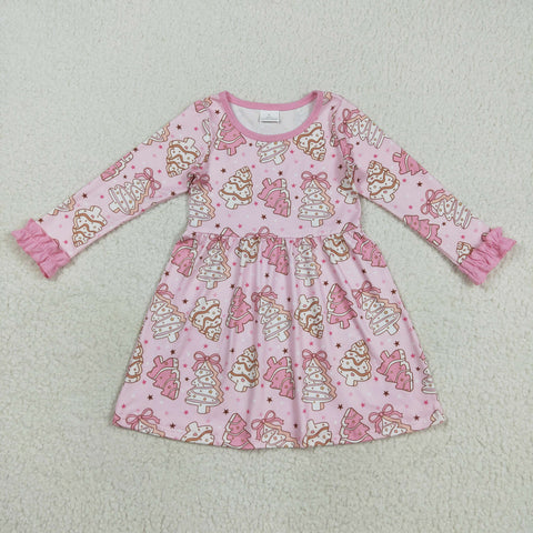 GLD1124 Christmas Trees Pie Bows Pink Girl's Dress