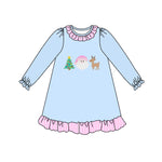 Preorder 07.20 GLD1156 Christmas Santa Trees Elk Blue Girl's Dress