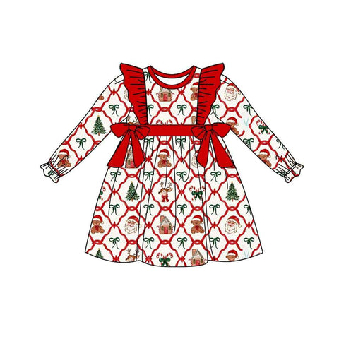 Preorder 07.23 GLD1158 Christmas Bear Bows Santa Trees Red Girl's Dress
