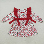 GLD1158 Christmas Bear Bows Santa Trees Red Girl's Dress