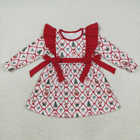 GLD1158 Christmas Bear Bows Santa Trees Red Girl's Dress
