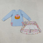 GLD1172 Embroidery Pumpkin Flower Bows Girls Skorts Set