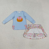 GLD1172 Embroidery Pumpkin Flower Bows Girls Skorts Set