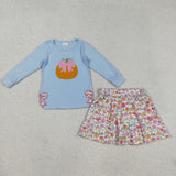 GLD1172 Embroidery Pumpkin Flower Bows Girls Skorts Set