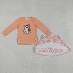 GLD1174 Embroidery Halloween Ghost Pumpkin Flower Bows Girls Skorts Set