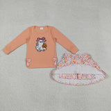 GLD1174 Embroidery Halloween Ghost Pumpkin Flower Bows Girls Skorts Set