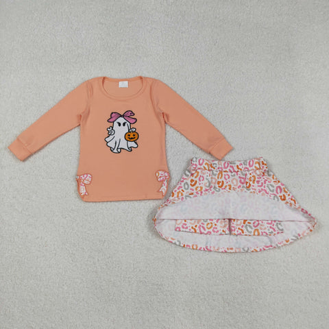 GLD1174 Embroidery Halloween Ghost Pumpkin Flower Bows Girls Skorts Set