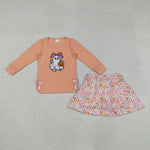 GLD1174 Embroidery Halloween Ghost Pumpkin Flower Bows Girls Skorts Set