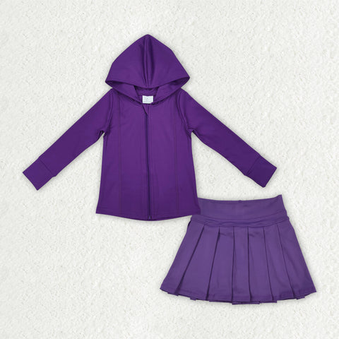 GLD1192 Solid Color Purple Yoga Hoodie Coat Girls Skorts Set
