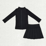 GLD1193 Solid Color Black Coat Yoga Girls Pleated Skorts Set