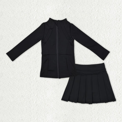 GLD1193 Solid Color Black Coat Yoga Girls Pleated Skorts Set