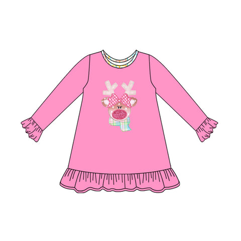 Preorder 08.11 GLD1199 Christmas Elk Deer Pink Girl's Dress
