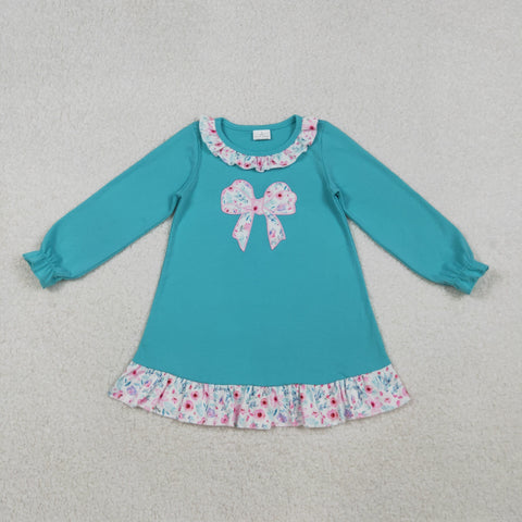 GLD1204 Embroidery Flower Bows Blue Girl's Dress