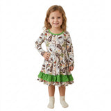GLD1213 Christmas Cowboy Santa Cactus Ruffles Girl's Dress