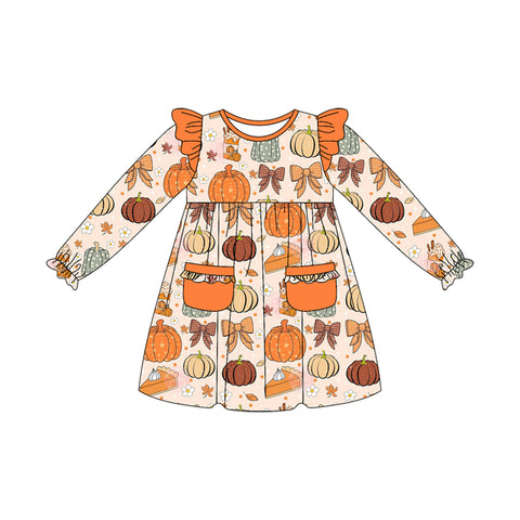 Preorder 08.22 GLD1221 Fall Pumpkin Pie Orange Bows Girl's Dress