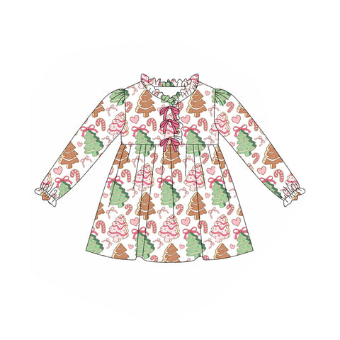 Preorder 08.23 GLD1227 Christmas Trees Pie Bows Girl's Dress