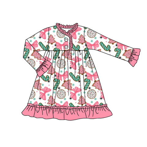 Preorder 08.24 GLD1229 Christmas Trees Candy Canes Bows Pink Girl's Dress Gown