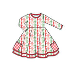 Preorder 08.30 GLD1241 Christmas Coquette Bows Trees Red Girl's Dress
