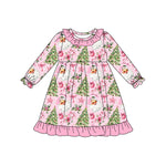 Preorder 08.30 GLD1245 Christmas Trees Santa Pink Girl's Dress