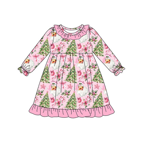 Preorder 08.30 GLD1245 Christmas Trees Santa Pink Girl's Dress